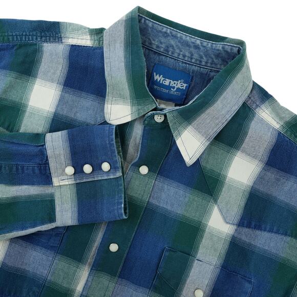 Wrangler Western Shirt Mens L/XL? Plaid Brush Popper Pearl Snap Long Sleeve - Picture 1 of 12